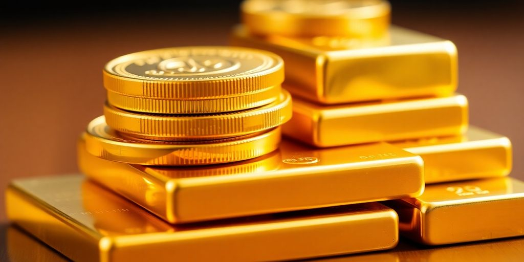 Des pièces et barres d'or brillantes empilées.
