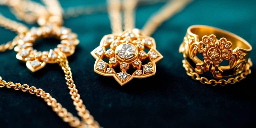 Bijoux en or scintillants sur un fond en velours.