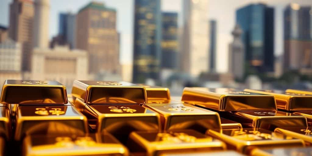 Barres d'or brillantes empilées sur un fond flou.