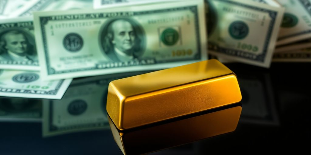 Barre d'or sur des billets de dollar verts.