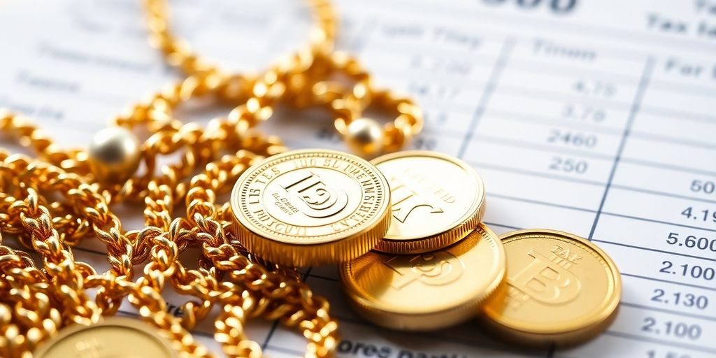 Bijoux en or et pièces sur fond flou de formulaire fiscal.