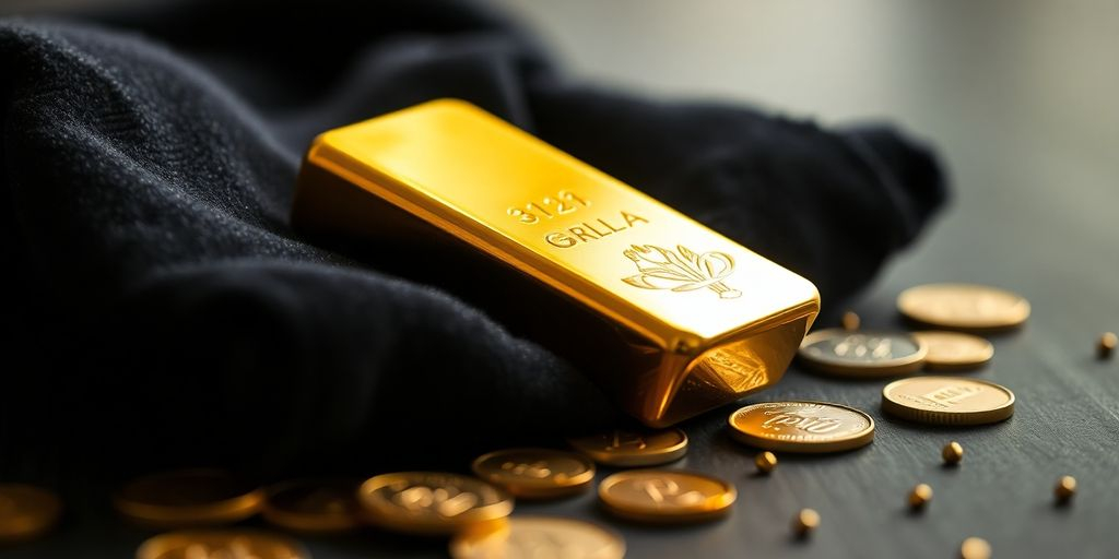 Lingot d'or sur velours, pièces et bijoux autour.