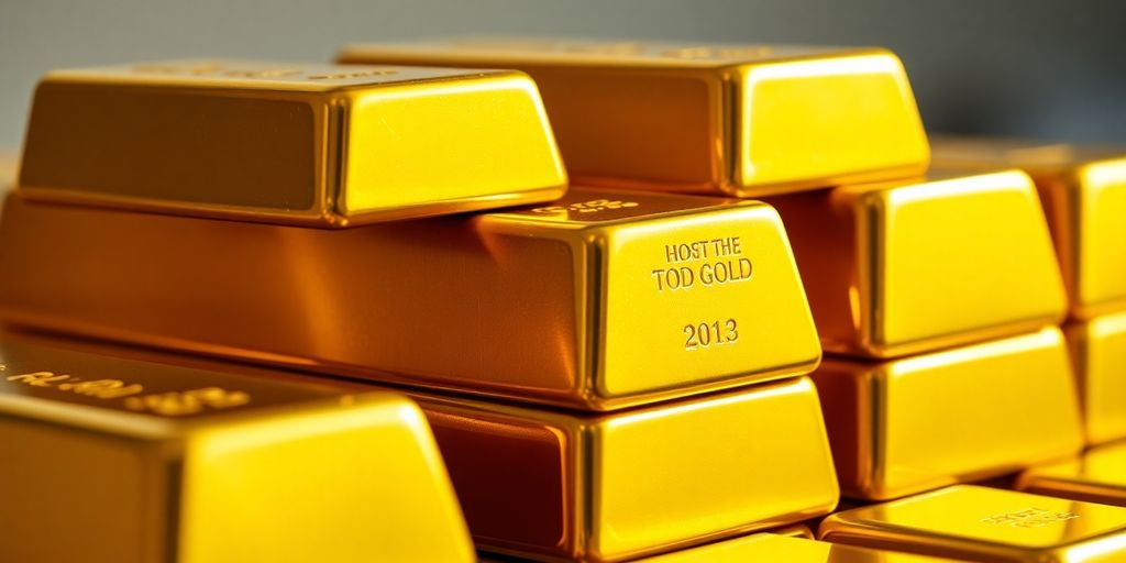 Barres d'or brillantes empilées sur un fond flou.