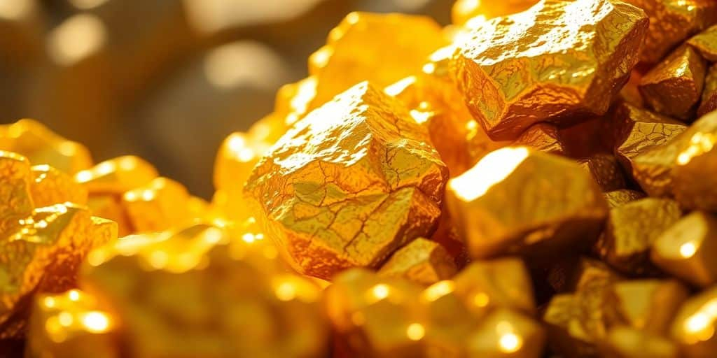 Gros morceaux d'or brillants sur fond flou.