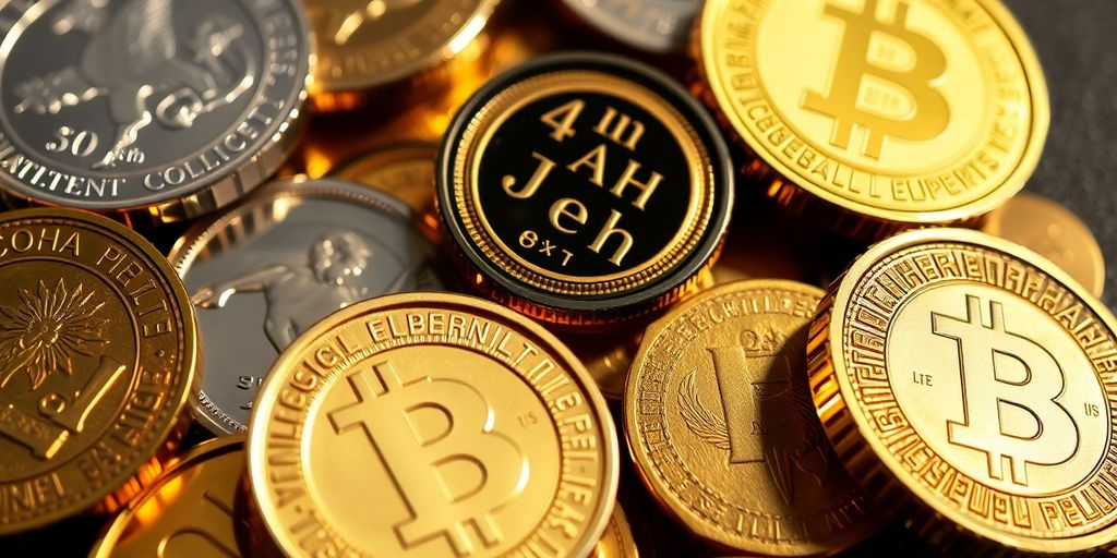 Coins en métaux précieux sur une surface texturée.