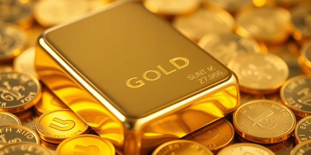 Close-up of gold bar and coins with soft light.