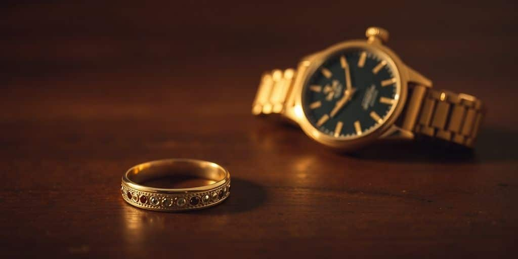 Bijoux en or hérités sur une table en bois.
