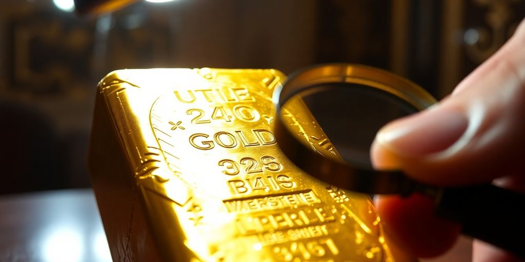 Lingot d'or examiné dans un environnement luxueux.