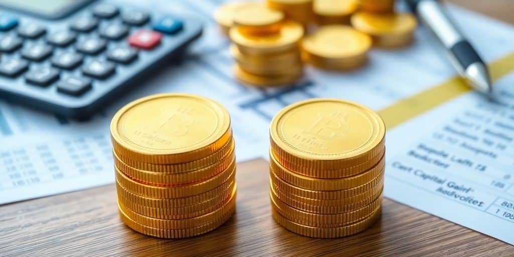 Pièces d'or brillantes avec une calculatrice en arrière-plan.