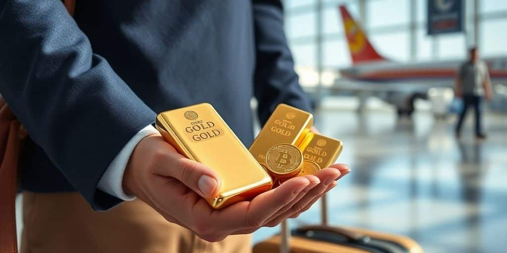 Un voyageur tenant des lingots d'or à l'aéroport.