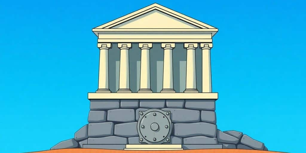 Bâtiment bancaire solide avec un ciel bleu clair.
