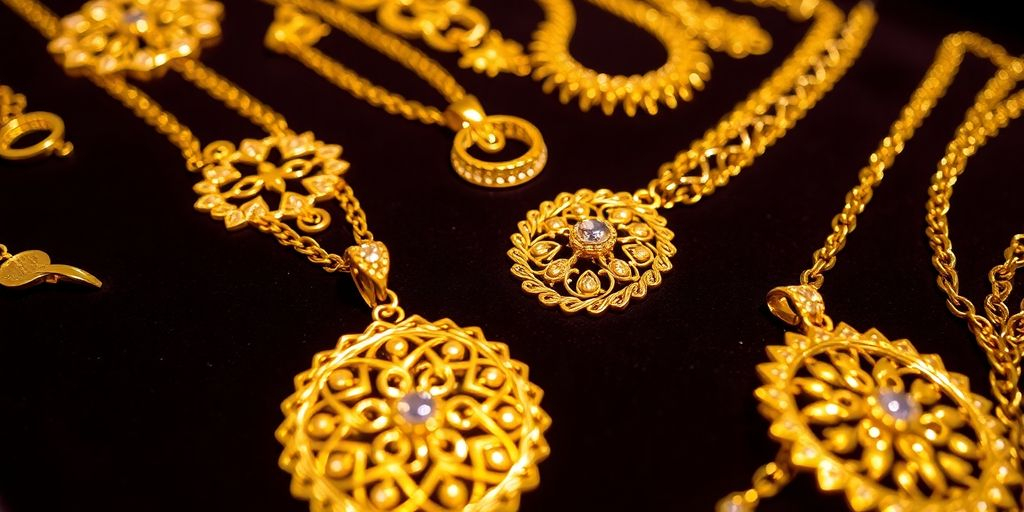 Bijoux en or sur tissu en velours rouge.
