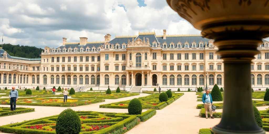 Palais de Versailles avec jardins luxuriants et architecture majestueuse.