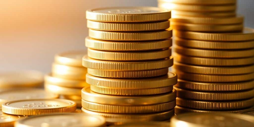 Pièces d'or empilées sur un fond flou.