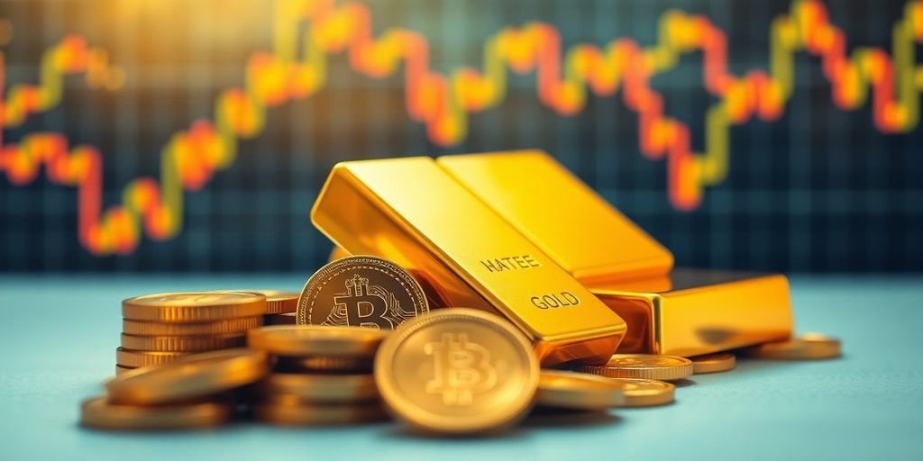 Pièces et lingots d'or sur fond de tendances économiques.