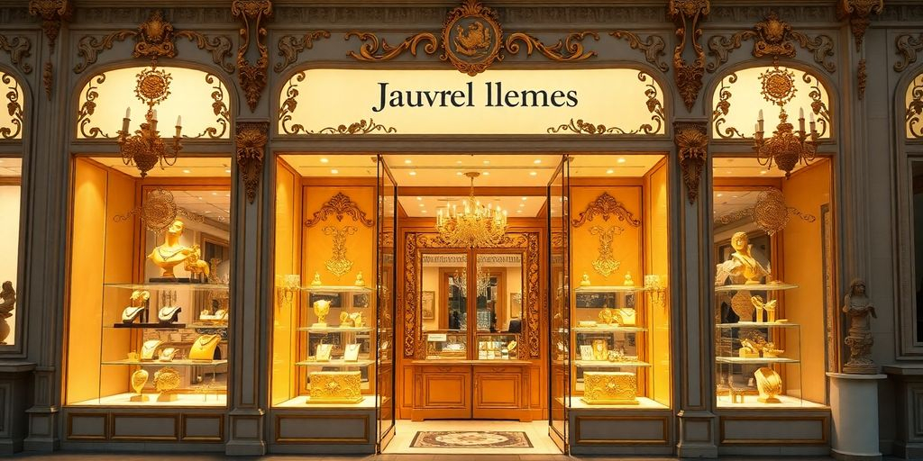 Vitrine d'une bijouterie à Versailles, mettant en avant des bijoux.