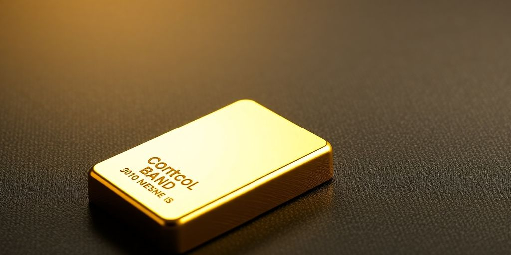 Barre d'or avec silhouette de banque centrale en arrière-plan.
