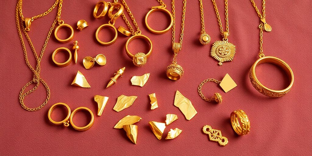 Bijoux en or cassés sur un fond en velours.