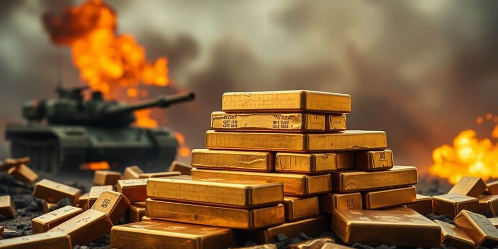 Des barres d'or avec des tanks en arrière-plan.
