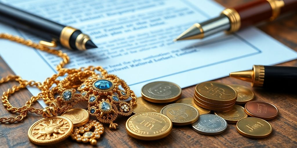 Bijoux en or et pièces sur une table en bois.