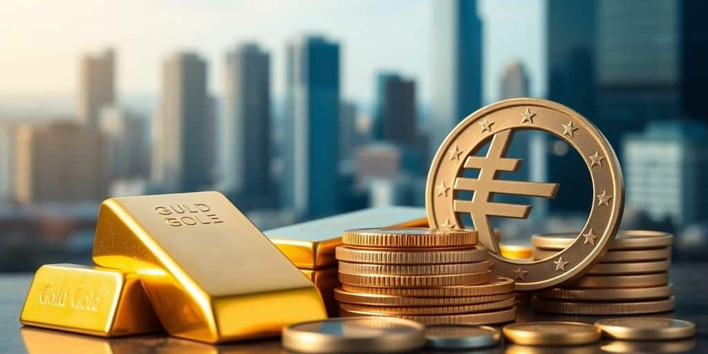 Des barres d'or et des pièces en euros sur fond flou.
