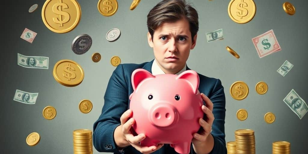 Une personne préoccupée tenant une tirelire pendant une crise.