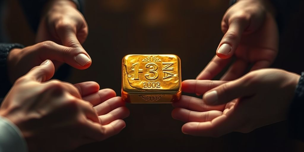 Des mains tendues autour d'un lingot d'or.