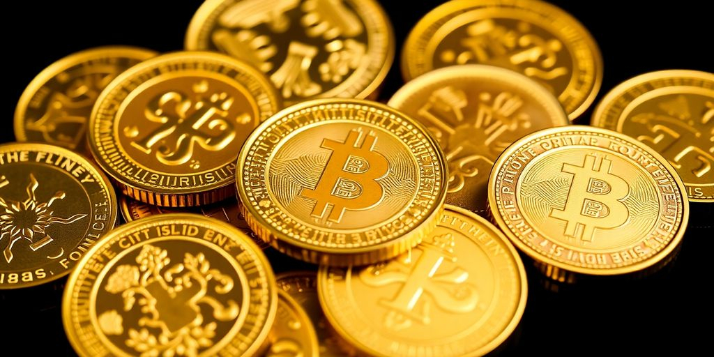 Gros plan sur des pièces d'or brillantes.