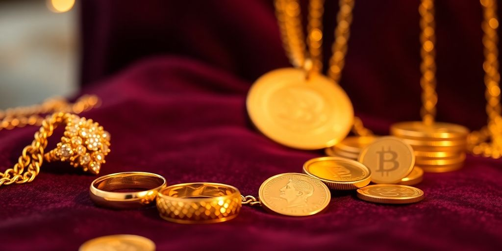 Bijoux en or et pièces brillantes sur fond en velours.