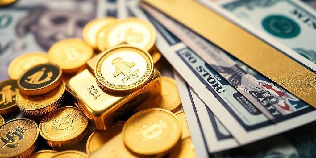 Des pièces d'or et des billets de banque en espèces.