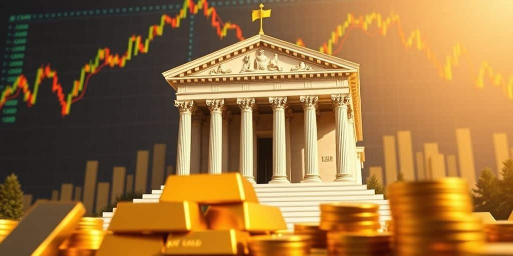 Banque centrale avec des lingots d'or et des pièces.