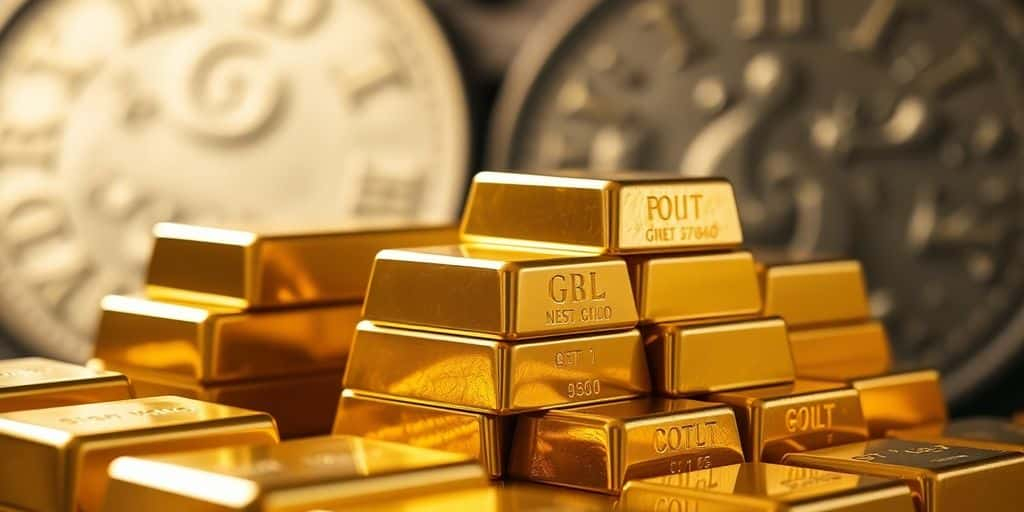 Barres d'or brillantes sur fond flou de pièces anciennes.