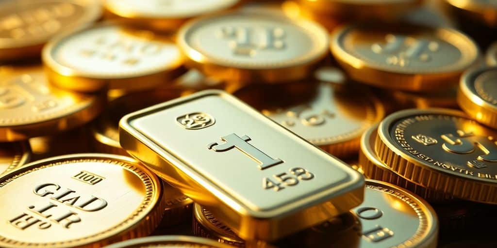 Pièces d'or et lingots brillants sur fond flou.