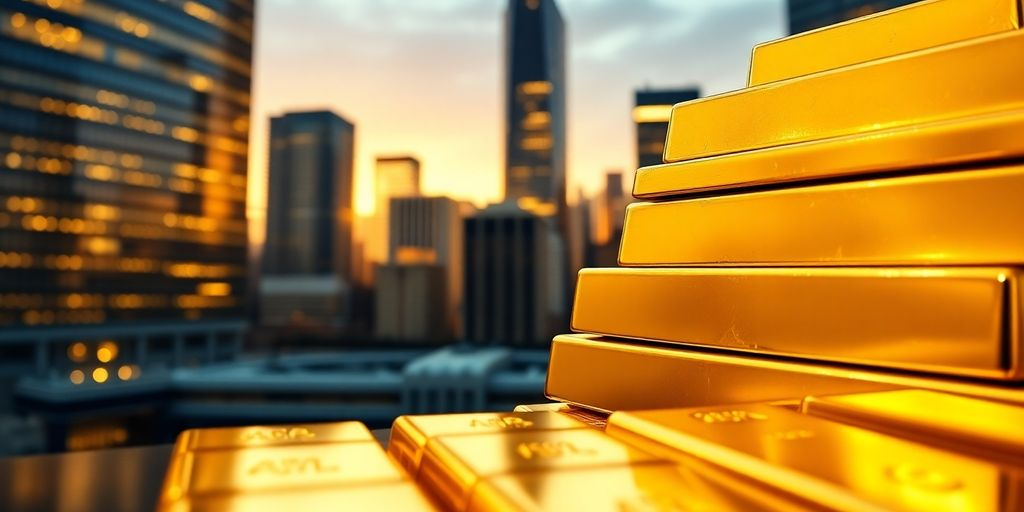 Des barres d'or brillantes sur fond de skyline moderne.