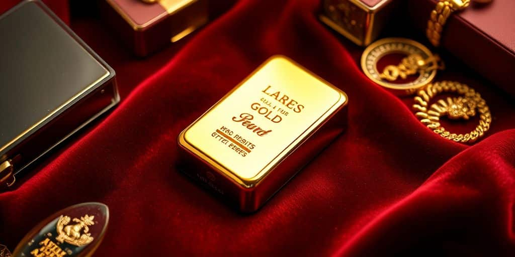Lingot d'or sur un tissu en velours riche.