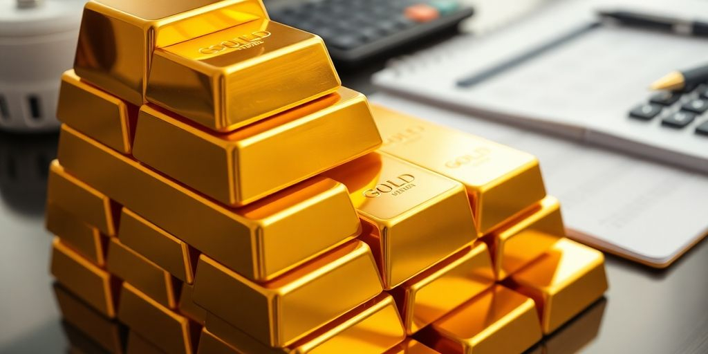 Barres d'or empilées sur un bureau d'investissement.