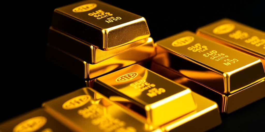 Des lingots d'or empilés sur un fond sombre.