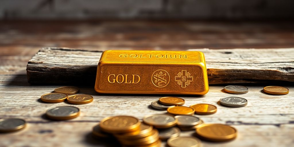Barre d'or sur une surface en bois usée.
