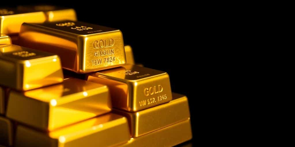 Close-up of shiny gold bars stacked beautifully.