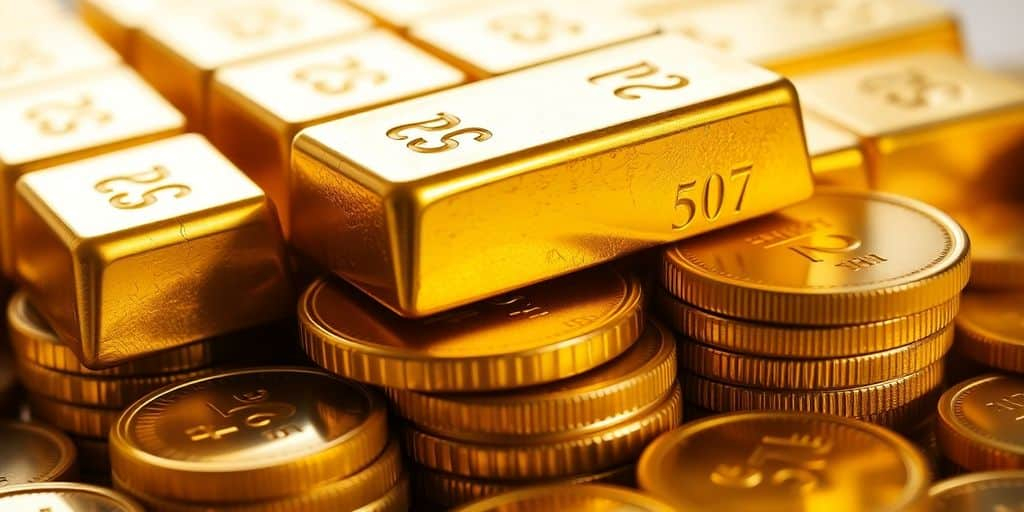 Lingots et pièces d'or brillants en pile.