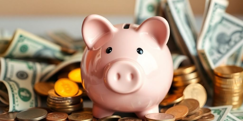 Coffre-fort en forme de cochon avec des pièces et billets.