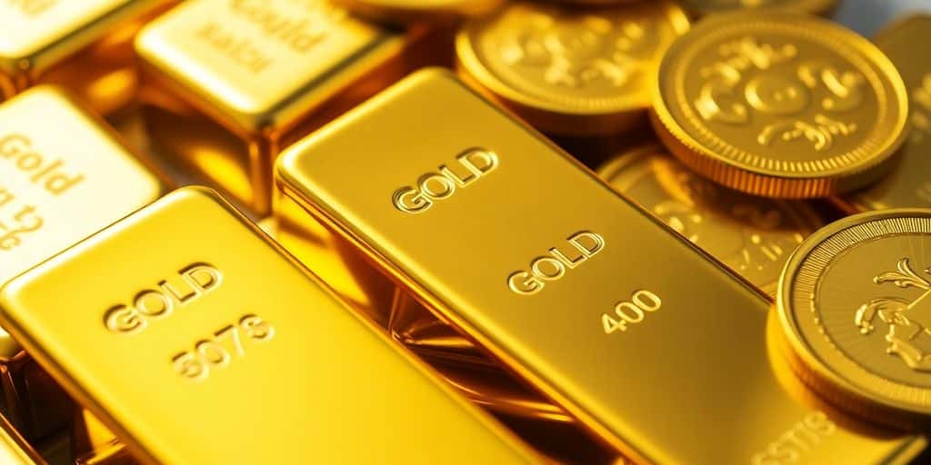 Lingots et pièces d'or sur une surface brillante.