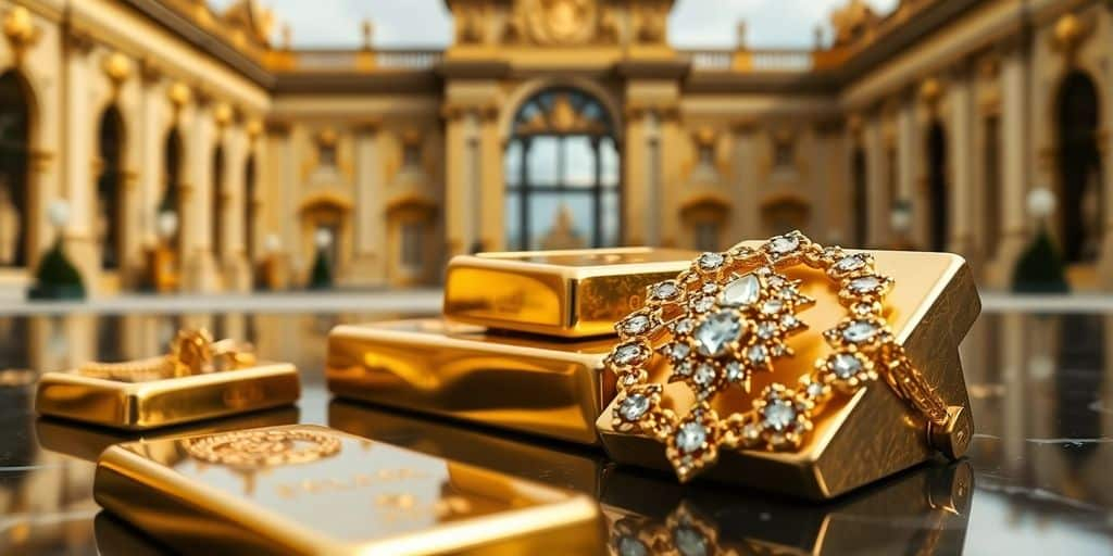 Bijoux en or et barres fondantes sur fond de Versailles.