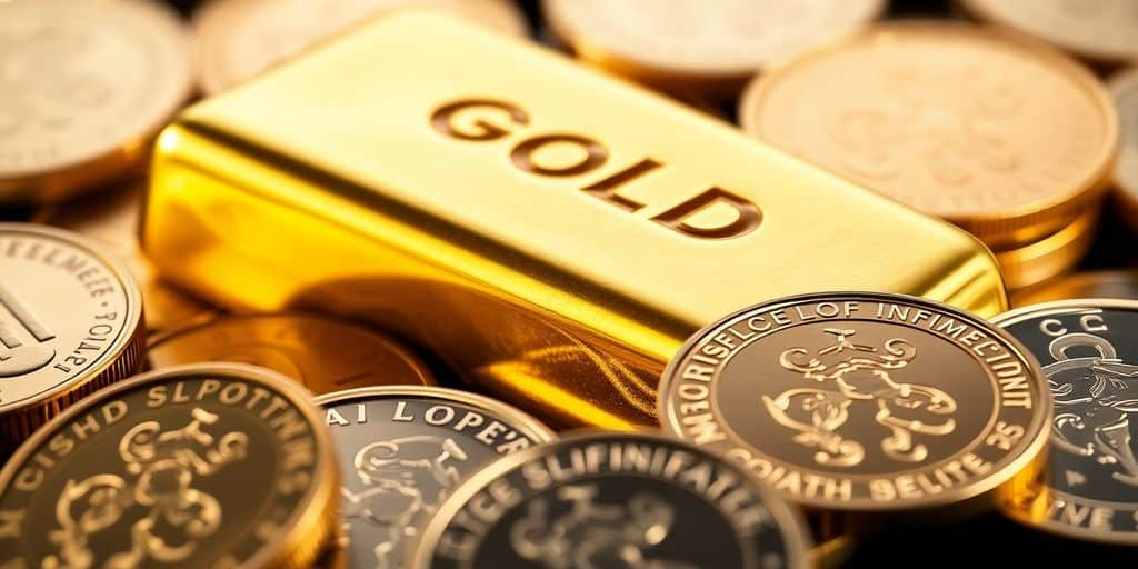 Lingots et pièces d'or brillants sur un fond neutre.