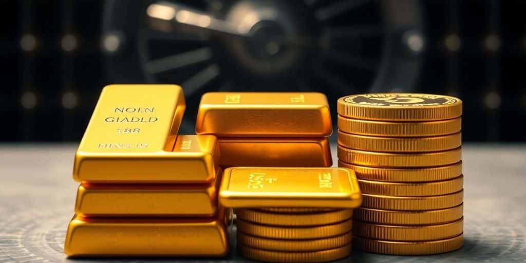 Barres et pièces d'or dans un coffre sécurisé.