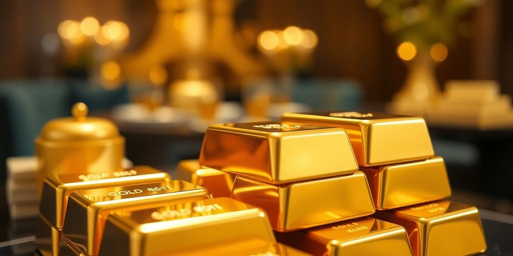 Des lingots d'or empilés dans un cadre luxueux.