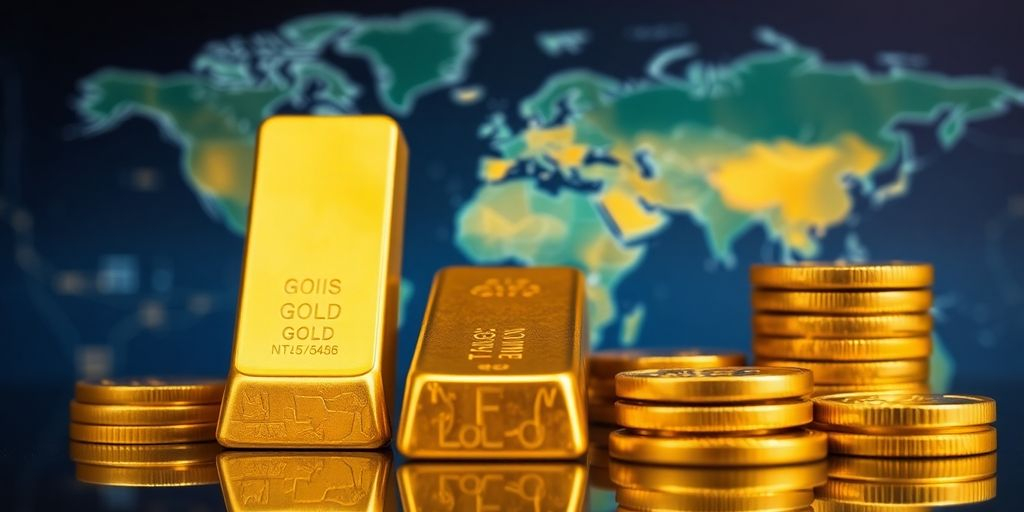 Des barres et pièces d'or sur une surface réfléchissante.