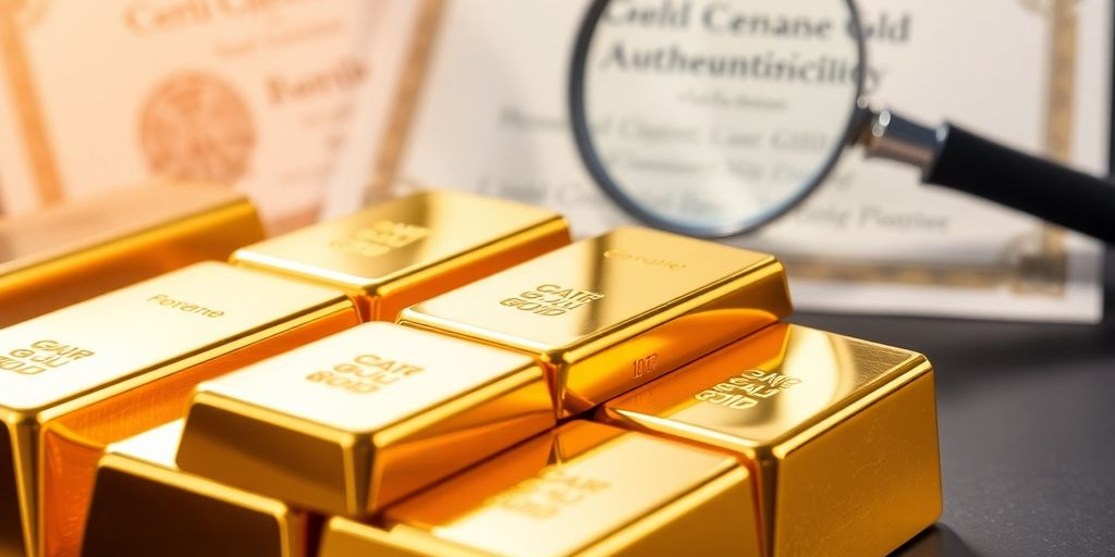 Barres d’or avec une loupe et un certificat en arrière-plan.