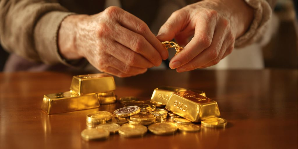 Mains transmettant des lingots et pièces d'or entre générations
