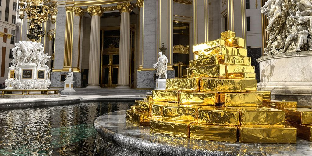 Banc centrale, pièces d’or et barres métalliques en reflet lumineux